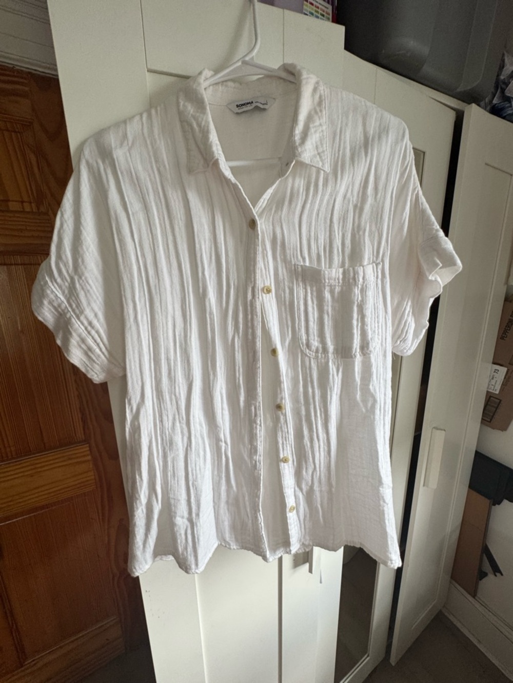 Sonoma White Short-Sleeve Button-Down 100%Cotton Casual Shirt